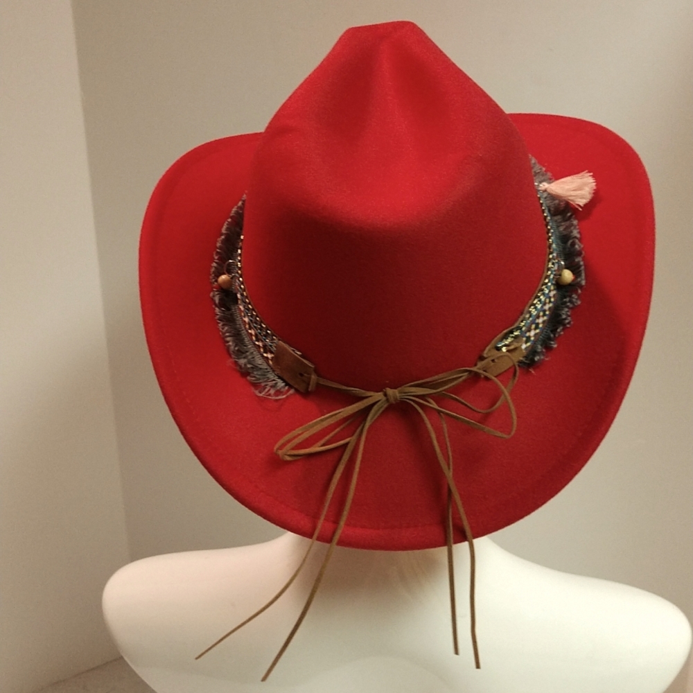 Western Southern Red Cowboy Hat Turquoise Tassels Pendants Fringe Accent Boho - Picture 9 of 17
